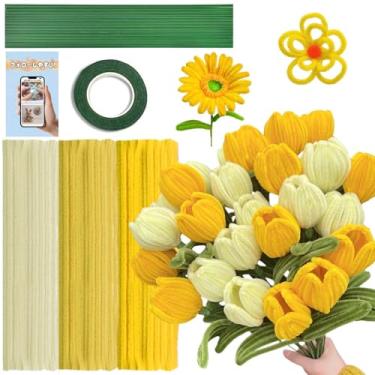 Imagem de URSDIART Kit de 311 peças de limpadores de cachimbo de flores, 300 peças de limpadores de cachimbo amarelos, artesanato, hastes de chenille, 10 hastes de flores, fita verde, suprimentos de projetos de