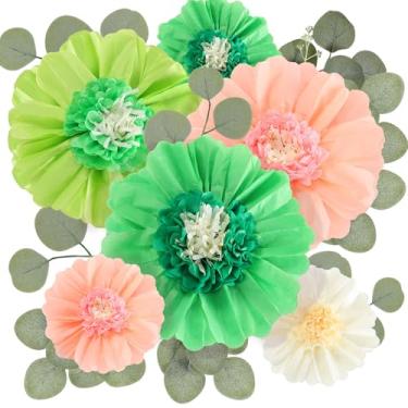 Imagem de Lincia 40 peças de flores de papel gigantes e folhas artificiais de eucalipto, flores de papel grandes folhas falsas para chá, chá de bebê, festa de aniversário, berçário, casamento (cores clássicas