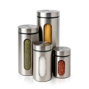 Imagem de kit 4 pote vidro inox condimento conserva mantimentos visor cozinha decora��o preto prata (Prata)