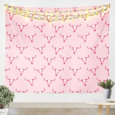 Imagem de Feelyou Tapeçaria infantil de caveira de vaca grande 150 x 208 cm para pendurar na parede de cowboy ocidental para meninos e meninas rosa do oeste selvagem arte de parede adulto