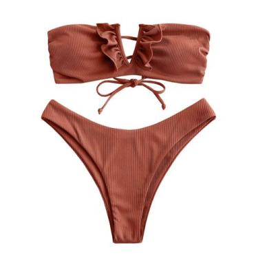 Imagem de Conjunto de biquíni feminino ZAFUL, sem alças, canelado, V, com fio, c