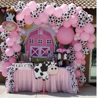 Imagem de Kit 25 Balão Rosa 9 Pol + 25 Balão Vaquinha 9 Pol + 1 Vaquinha Metalizada Fazendinha Menina