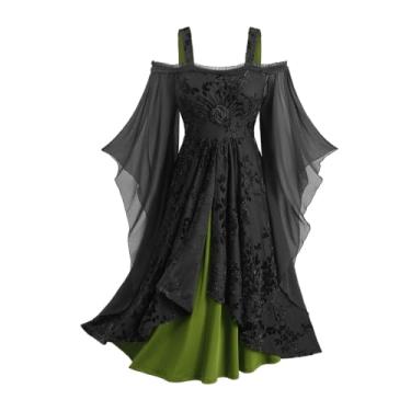 Imagem de Vestido midi gótico rossegal plus size medieval vintage rosa flocagem com glitter floral ombro vazado chiffon manga flare vestidos góticos grunge (verde/3X)