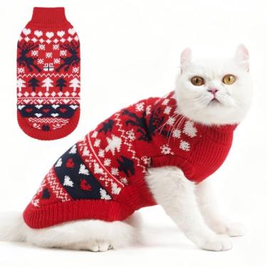 Imagem de PUPTECK Suéter de gato de Natal, roupas de inverno de gola rolê macia e quente, roupa de suéter de gatinho, casaco de malha para gatos roupas de clima frio, vermelho G