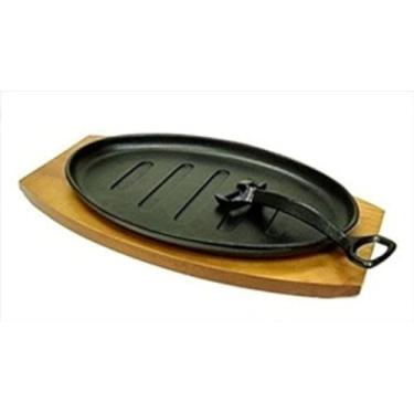 Imagem de Bandeja para bife de ferro Sizzling com base de madeira