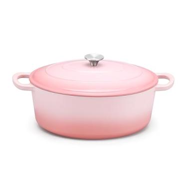 Imagem de E-far Panela de forno holandês oval de ferro fundido esmaltado de 5 litros com tampa, forno holandês antiaderente com alças duplas, panelas resistentes para assar pão de fermento, refogar, ensopados