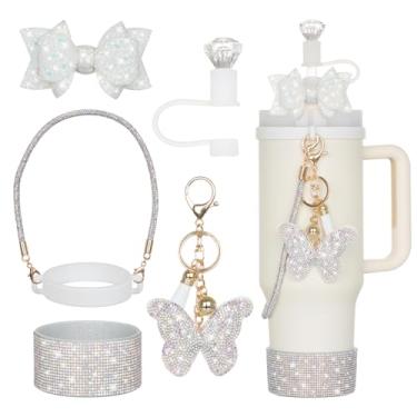 Imagem de Rabrgab 6 peças de acessórios de copo Stanley prata com alça brilhante, tampa de cobertura de palha de diamante, laço brilhante, bota de diamante, pingentes de borboleta brilhante para copo de garrafa