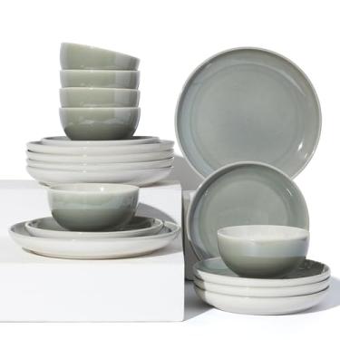 Imagem de Pokini Conjuntos de louça de grés para 6, jogo de prato e tigela seguro para micro-ondas, fácil de limpar e conjuntos de pratos duráveis para famílias pequenas a médias, cinza e verde