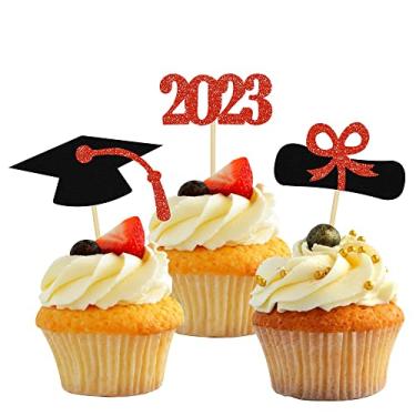 Imagem de 2023 Topper de cupcake de formatura com glitter, 48 peças de decorações de bolo vermelho 2023 diploma graduado topo de bolo palhetas de comida para suprimentos de festa de formatura