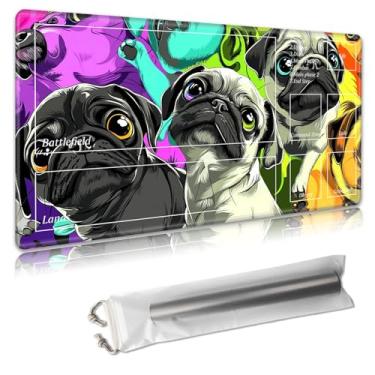 Imagem de Decahouy MTG Playmat with Zones – TCG Trading Card Game Mat – 24x14 Inches – Stitched Edges, Non-Slip Rubber Base – Portable Play Mat Desk Mouspad with Storage Bag,Colorful Adorable Pugs