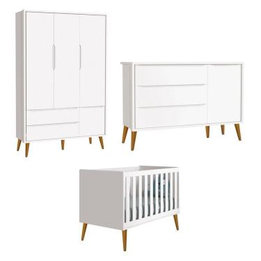 Imagem de Jogo De Quarto Para Bebê Completo 3 Portas Théo New Branco Fosco Com Madeira - Reller