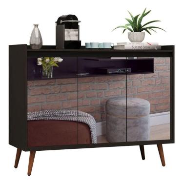 Imagem de Balcao Buffet Retrô Com Espelho Delta 3 Portas Preto - Moveisaqui