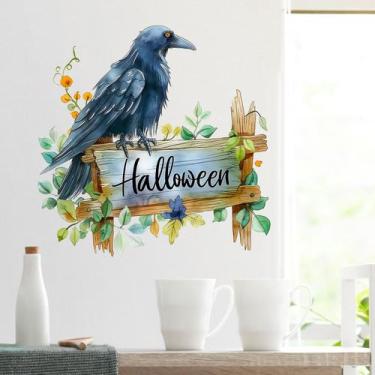 Imagem de Adesivos de parede Halloween Raven com folhas verdes, placa de madeira