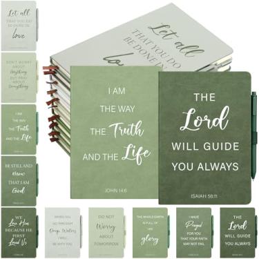 Imagem de Thenshop 20 peças de presentes cristãos a granel, 10 diários cristãos de couro verde para mulheres, cadernos de couro bíblico, com 10 canetas verdes inspiradoras A5, diário de oração para mulheres