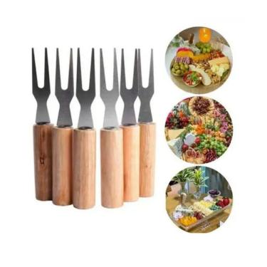 Imagem de Kit De Jogo Seis Garfos Para Petiscos Aço Inox Madeira Luxo