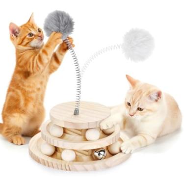 Imagem de SMICEM Brinquedo de pista de bola de madeira para gatos de 2 níveis – toca-discos para gatos não tóxico com bolas removíveis, brinquedo circular interativo DIY para gatinhos e gatos, exercícios
