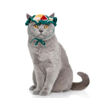 Imagem de Gorro Tricô para Gato, Gorro Crochê Gato Pequeno Fofo com Florzinha e Melancia para Cachorro Filhote Animal de Estimação Halloween Natal(Verde)