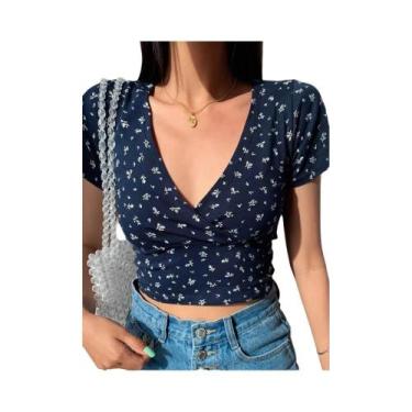 Imagem de Camiseta Feminina Slim Fit Floral - Decote V, Manga Curta e Cintura Al