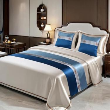 Imagem de Camas de cama para casa de hotel, corredores de cama jacquard e lenço, costura resistente, resistente ao desbotamento, fácil de cuidar, ideal para estética moderna - azul ||50 * 210 cm para cama de