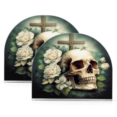 Imagem de Wassud Porta-guardanapos acrílico caveira com rosas brancas, dispensador de guardanapos de papel moderno em forma de U para mesa, cozinha, sala de jantar, bancada 2 peças (comporta 50-60 guardanapos)