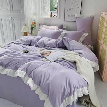 Imagem de XLCZMYL Jogo de cama estilo princesa para mulher linda menina cor sólida babados capa de edredom Queen King saia de cama, capas de travesseiro, roxo B, capa completa 150 x 200 cm