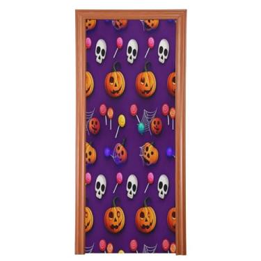 Imagem de Qilmy Decoração de capa de porta 81 x 200 cm tecido grande placa de decoração de festa de Halloween para porta da frente Halloween abóbora caveira varanda decoração externa janela parede 676