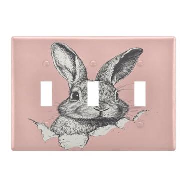 Imagem de Burbuja Rabbit Peeks From Torn Paper Toggle Light Switch Wall Plate Cover, Placa decorativa de parede, parafusos incluídos, 3 gangs