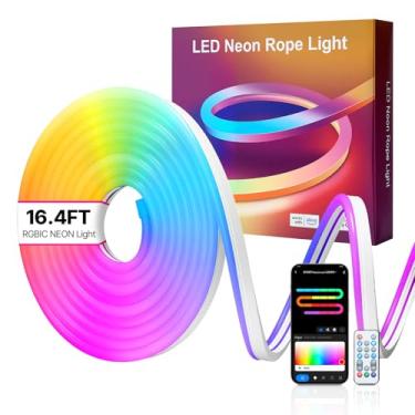 Imagem de VEVOR Luz de corda neon LED, 5 metros, fita de luz LED RGBIC flexível, controle com aplicativo/remoto, funciona com Alexa e Google Assistant, sincronização de música, luzes neon flexíveis