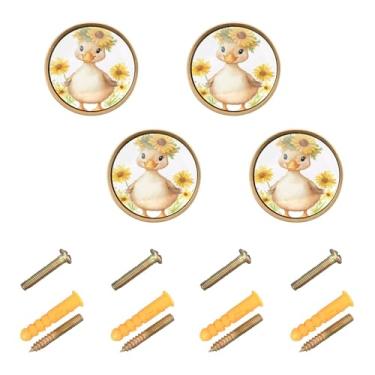 Imagem de Burbuja Puxadores de armário de cozinha fofos flores de pato aquarela, pacote com 4, puxadores redondos de 3,5 cm, puxadores de cômoda com parafusos para cozinha, quarto, armários, armário