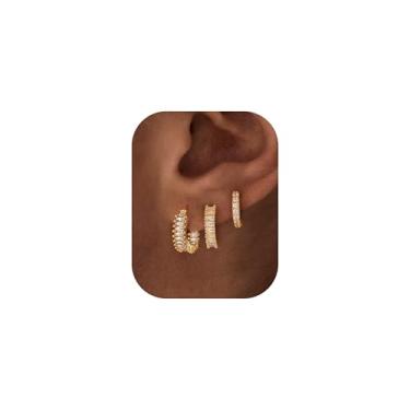 Imagem de Conjunto de 3 pares de brincos de argola banhados a ouro, pequenos brincos de zircônia cúbica delicados, pequenos, banhados a ouro 14K, hipoalergênicos, cartilagem, brincos de argola para mulheres