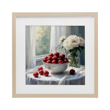 Imagem de Stupell Industries Impressão emoldurada de cerejas e flores natureza morta bétula sob vidro, design por Lettered and Lined, 13 x 13