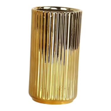 Imagem de Baoblaze Vaso de cerâmica dourada para flores, suporte para plantas, decoração de mesa, vaso cilíndrico para arranjos florais, ideal para casa, escritório e, 10cmx18.5cm