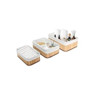 Imagem de Kit 3 Cestos Organizadores em Bambu, Natural, Trançado, 1 Grande (33x23x14cm) e 2 Pequenos (21x15x12cm), para Casa