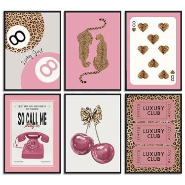 Imagem de 6 peças rosa moderno leopardo arte de parede moda Coquete Preppy Y2k Cheetah Lucky 8 Ball Poster Painting Pictures Wall Decor Canvas Print Art para apartamento dormitório menina quarto decoração de