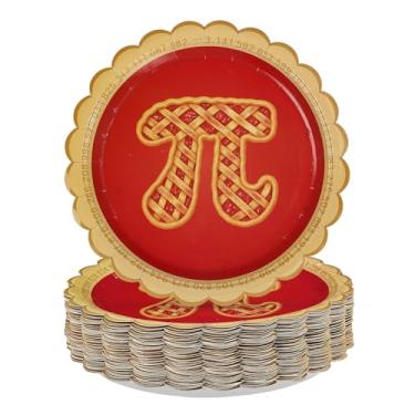 Imagem de 50 peças de decorações Happy Pi Day 23 cm resistente vermelho recortado 3,14 prato de papel para festa tema matemático descartável placa de etiquetas para torta matemática 14 de março Dia