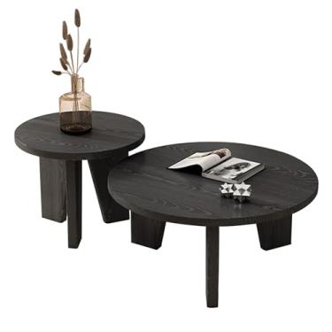 Imagem de Conjunto de mesa de centro redonda, mesa de centro de madeira, mesa lateral para sala de estar, mesa de centro retrô, mesa lateral de sofá, para sala de estar, quarto, escritório, varanda (preto)