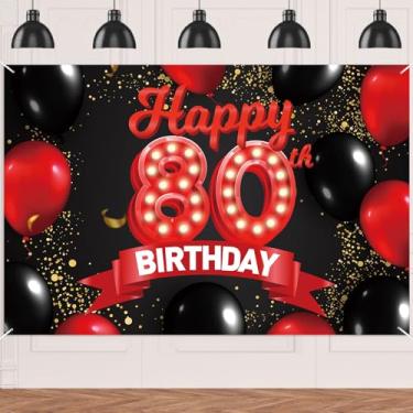 Imagem de Happy 80th Birthday Banner Vermelho e Preto Decorações Balões Tema Decoração para Meninas Mulheres Princesa 80 Anos Aniversário Festa de Aniversário Bday Foto Adereços Suprimentos Fundo Favores Glitter Dourado