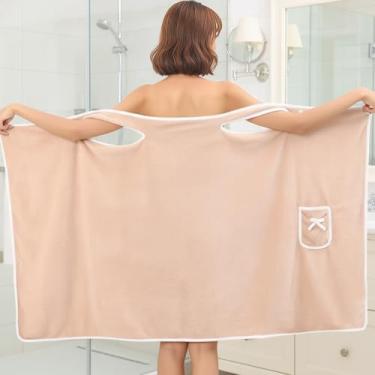 Imagem de Toalha de banho com design de bolso e laço, toalha de roupão de banho macia de secagem rápida para praia, piscina, banho e natação, cáqui