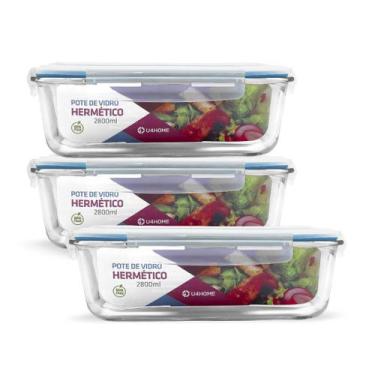 Imagem de Kit 3 Potes de Vidro Retangular com Tampa Hermética 2800ml - NABOX, Az