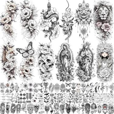 Imagem de 75 folhas pretas realistas 3D rosas flores temporárias tatuagens para mulheres meninas adultos, Guadalupe Virgem Maria Lótus cobra peônia florais flor em massa falso tatuagem adesivos antebraço leão
