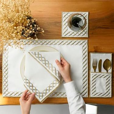 Imagem de Jogo americano bordado com design de rolagem de ouro e prata, tapetes de mesa de linho branco com borda decorativa, conjunto de roupa de mesa de jantar elegante, jogo americano islâmico, trama eterna