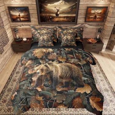 Imagem de Feelyou Conjunto de edredom de urso pardo com lençol de 7 peças, Queen, realista, folhas de árvore, caça, cama em uma bolsa, para crianças, meninos e meninas, decoração de quarto de fazenda