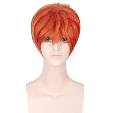 Imagem de Peruca de cosplay laranja curta em camadas com franja lateral de 30 cm