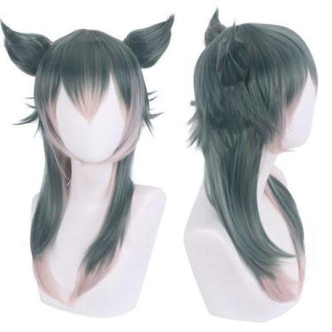 Imagem de Peruca de cosplay curta cinza-verde com cabelo em camadas e orelhas de