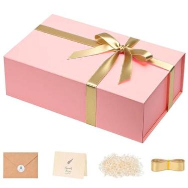Imagem de Caixa de presente de papelão rosa elegante com fita dourada 20x18x9cm 