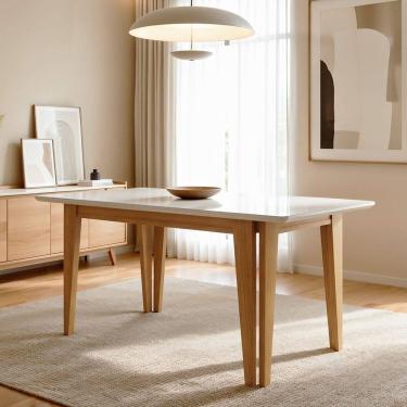 Imagem de Mesa de Jantar 6 Lugares Retangular Tampo de Vidro 160x80cm Base Madeira Maciça Bella Cinamomo/Off White