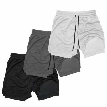 Imagem de Kit 3 Shorts Treino Dry Térmico 2 em 1 com Bolso para Cel. e Porta-Toalha Calção Fitnes...