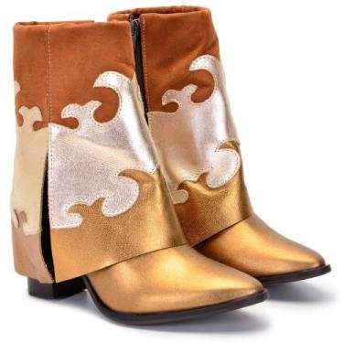 Imagem de Bota Estilo Western Feminina Cano Médio Capa Couro - Delgatto, Dourado