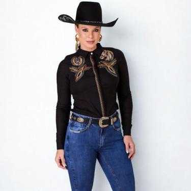 Imagem de Camisa Minuty Feminina Manga Longa Linho Cavalos Com Brilho, Preto, M