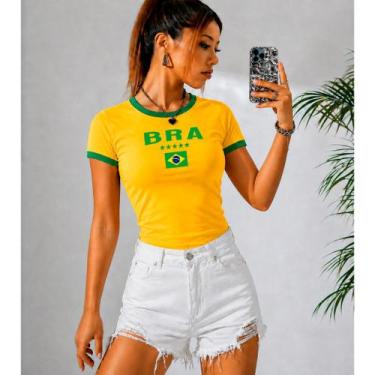 Imagem de Baby Look Feminina Brasil Verde Estilo Seleção Brasileira 100% Algodão